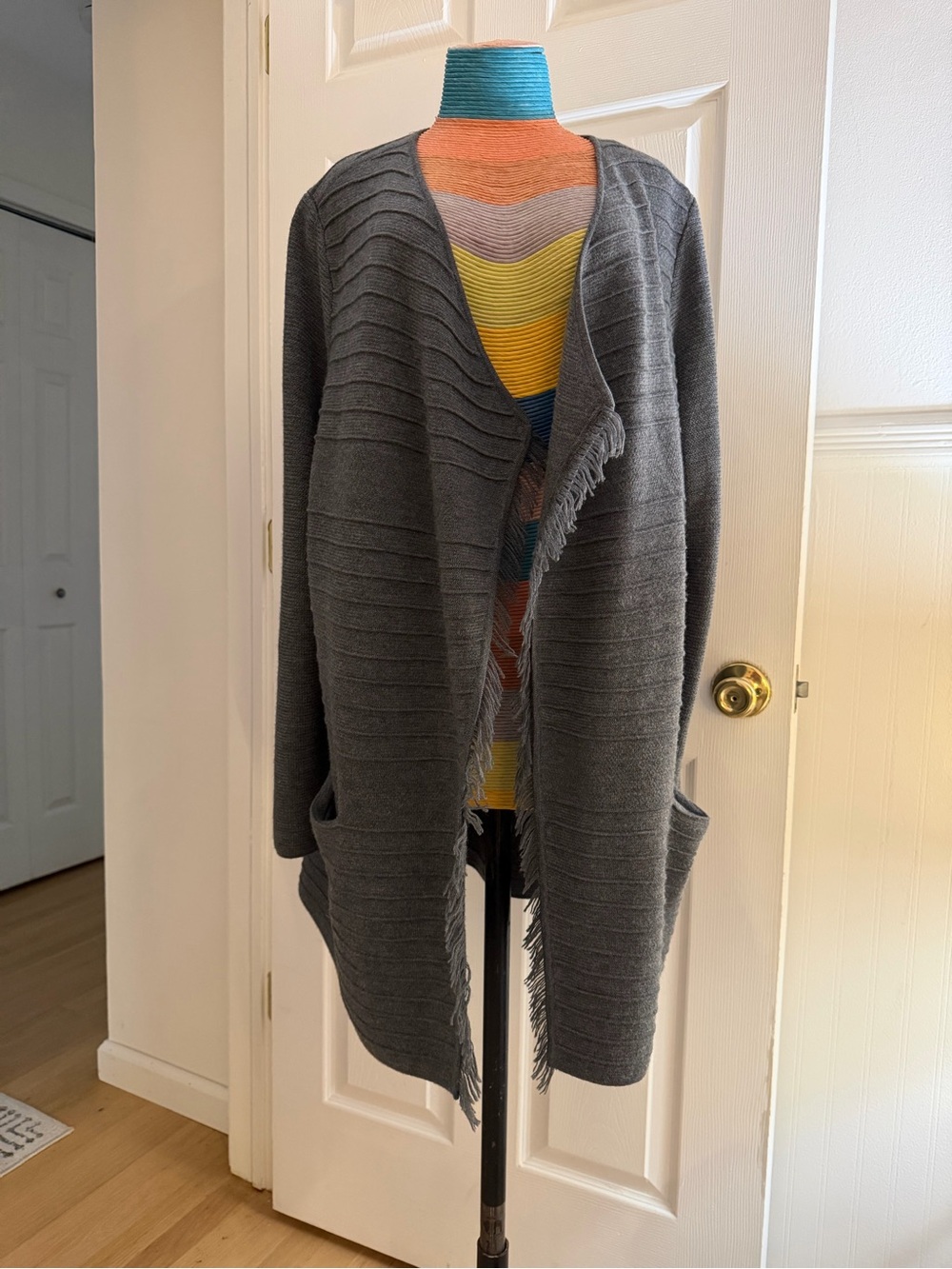 Talbots Pure Merino Wool Charcoal Gray Open-Front Fringe Cardigan